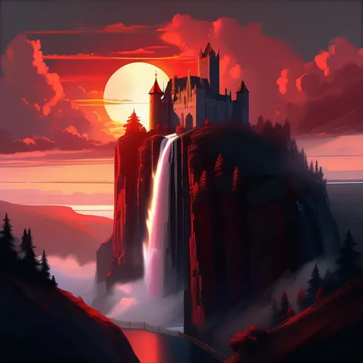 Prompt: A steep cliff with a huge waterfall. A fantastic castle in the Gothic style at the top of the cliff. The sun is red in a sky covered with gray clouds, digital painting, artstation, smooth, concept art, ethereal, digital painting, artstation, concept art, smooth, concept art, happy, ethereal, royal vibe, highly detailed, detailed and intricate background, digital painting, Trending on artstation, Big Eyes, artgerm, highest quality stylized character concept masterpiece, award winning digital 3d oil painting art, hyper-realistic, intricate, 64k, UHD, HDR, image of a gorgeous, beautiful, dirty, highly detailed face, hyper-realistic facial features, perfect anatomy in perfect composition of professional, long shot, sharp focus photography, cinematic 3d volumetric