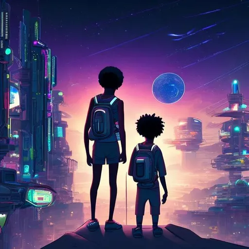 Prompt: modern African kid looking at the night sky in the middle of a futuristic town with a backpack, cyberpunk