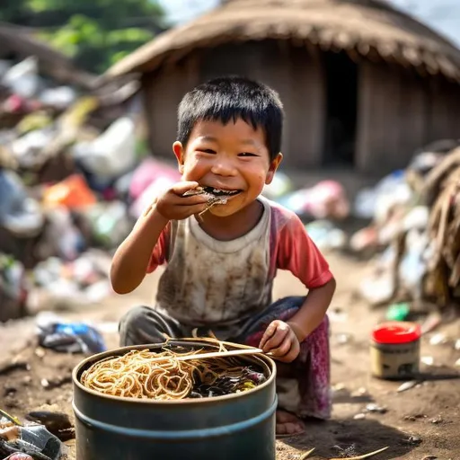 Prompt: A small asian child sitting on a tire smiles while eating noodles out of a small tin with chopsticks living in a small thatch hut adjacent to a disgusting garbage dump. 

