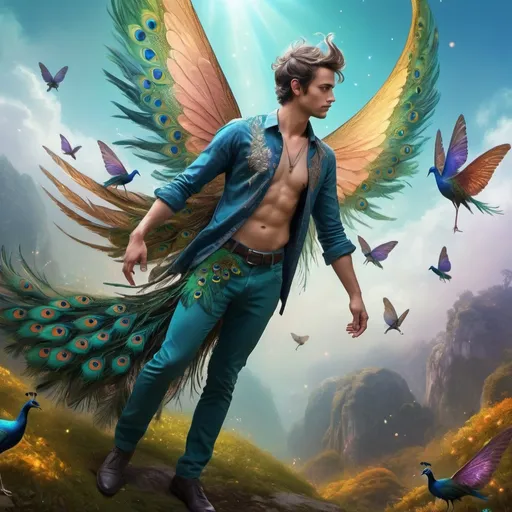 Prompt: male human fairy with wings and tail like a peacock, surrounded by multiple copies of himself, magical fantasy setting, vibrant colors, high quality, digital painting, ethereal, surreal, fantasy, mystical, detailed feathers, enchanting glow, multiple fairies, multiverse, magical duplication, artistic, vibrant lighting