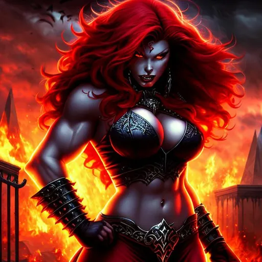 Prompt: short blood crimson hair, full body visible, awe-inspiring evil goddess, muscles, beautiful androgynous face, elegantly vicious, monstrous hellscape background, photorealistic