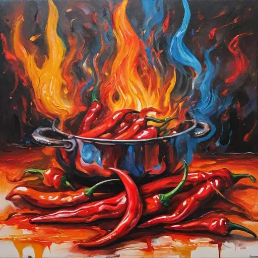 Prompt: melted painting with hot chili peppers, blurry surroundings, surrealistic, vibrant colors, fire in the background
