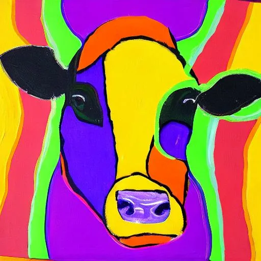 Prompt: A bright, vibrant, dynamic, spirited, vivid painting of a dairy cow in a rattlesnake pattern. 