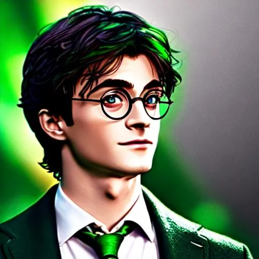 Prompt: Harry Potter, with short side swept black hair with green highlights covering his right eye, with round Glasses full body