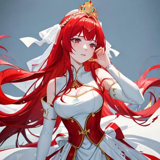 Prompt: Haley as a horse girl with bright red side-swept hair, crying, wearing a white and gold royal gown covered in blood stains, wearing a crown, holding a dagger. 