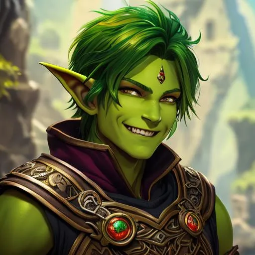 Prompt: oil painting, D&D fantasy, green-skinned-goblin man, green-skinned-male, small, short fiery red hair, wavy hair, smiling, pointed ears, fangs, looking at the viewer, cleric wearing intricate adventurer outfit, #3238, UHD, hd , 8k eyes, detailed face, big anime dreamy eyes, 8k eyes, intricate details, insanely detailed, masterpiece, cinematic lighting, 8k, complementary colors, golden ratio, octane render, volumetric lighting, unreal 5, artwork, concept art, cover, top model, light on hair colorful glamourous hyperdetailed medieval city background, intricate hyperdetailed breathtaking colorful glamorous scenic view landscape, ultra-fine details, hyper-focused, deep colors, dramatic lighting, ambient lighting god rays, flowers, garden | by sakimi chan, artgerm, wlop, pixiv, tumblr, instagram, deviantart