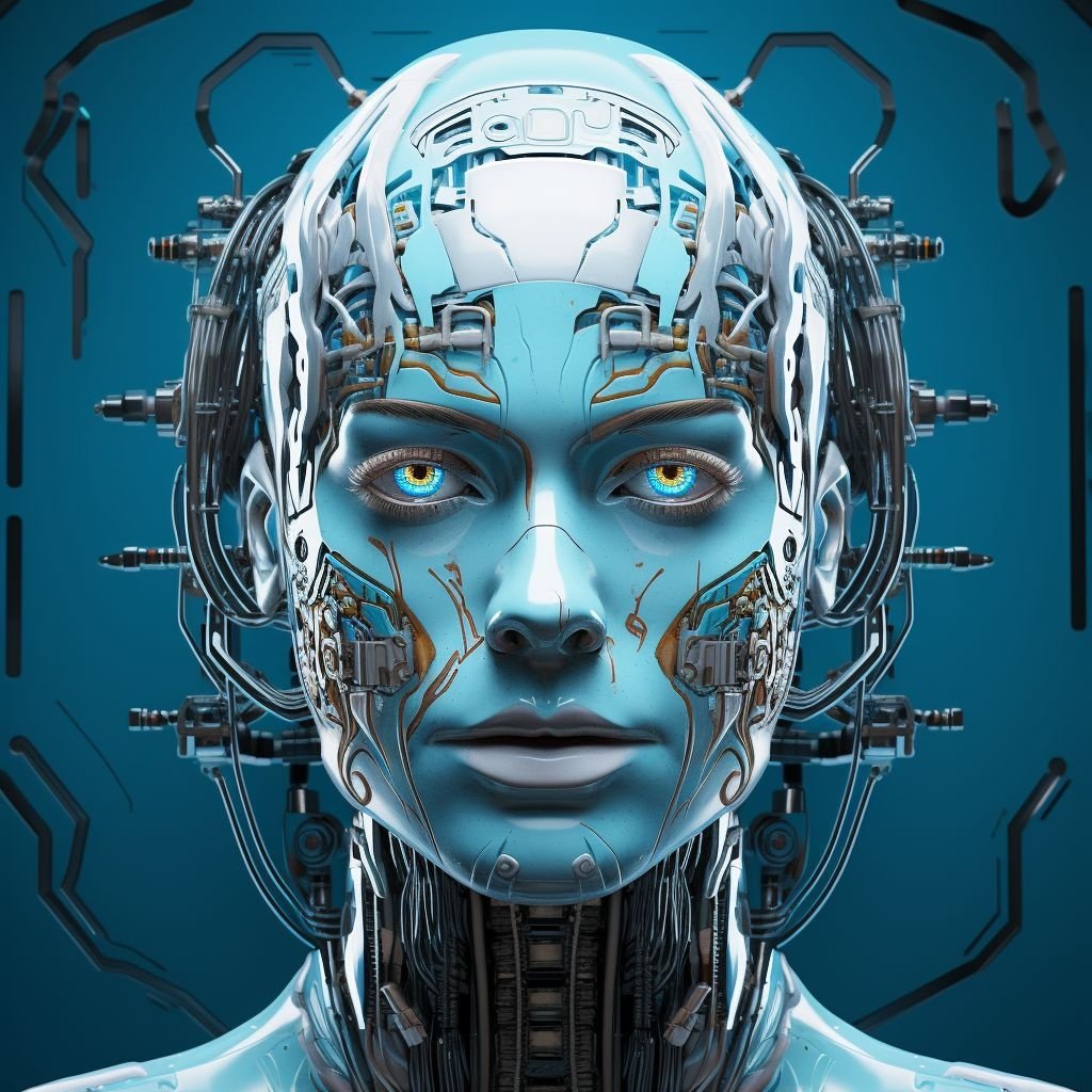 Prompt: a robotic head with futuristic technology, in the style of thiago valdi, emotive facial expressions, silver and cyan, beeple, historical reimagining, undefined anatomy, emphasis on facial expression
