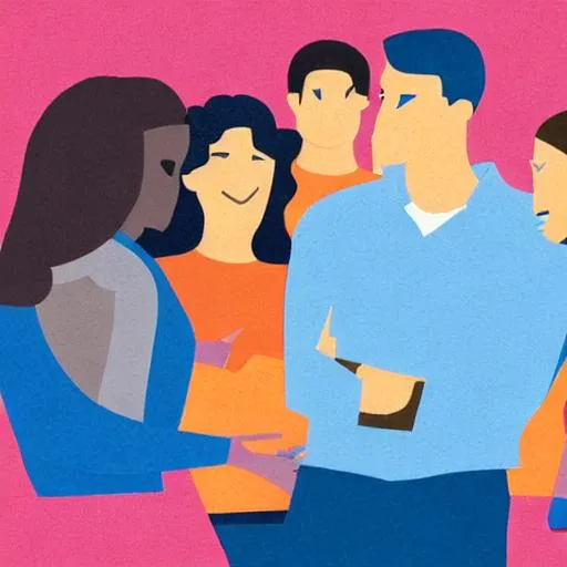 Prompt: A picture (animation) of a group of people having a discussion with each other from online application. Use color sage, blue, peach, and gray