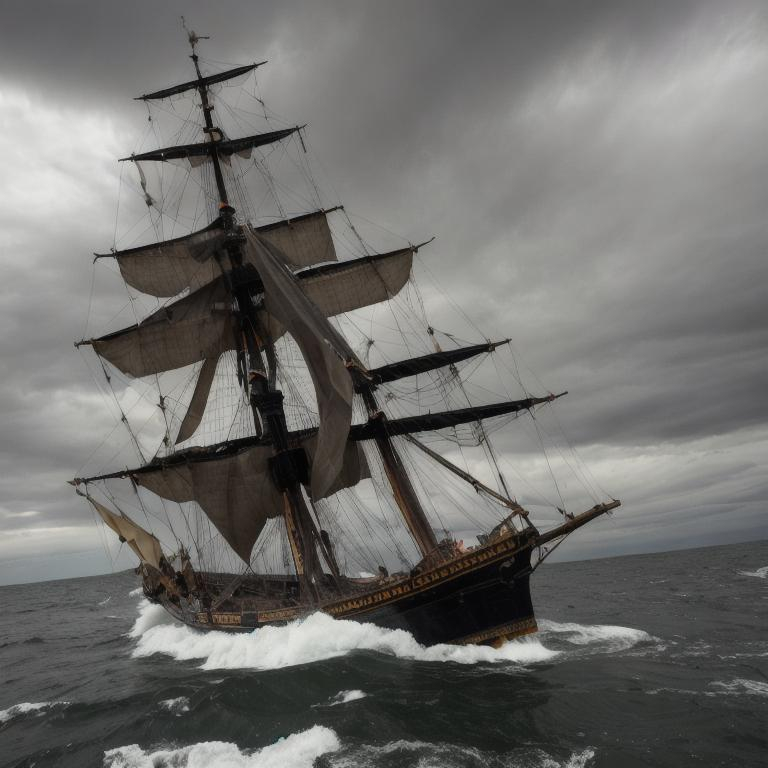 Black old galeon on rough sea, high tides | OpenArt