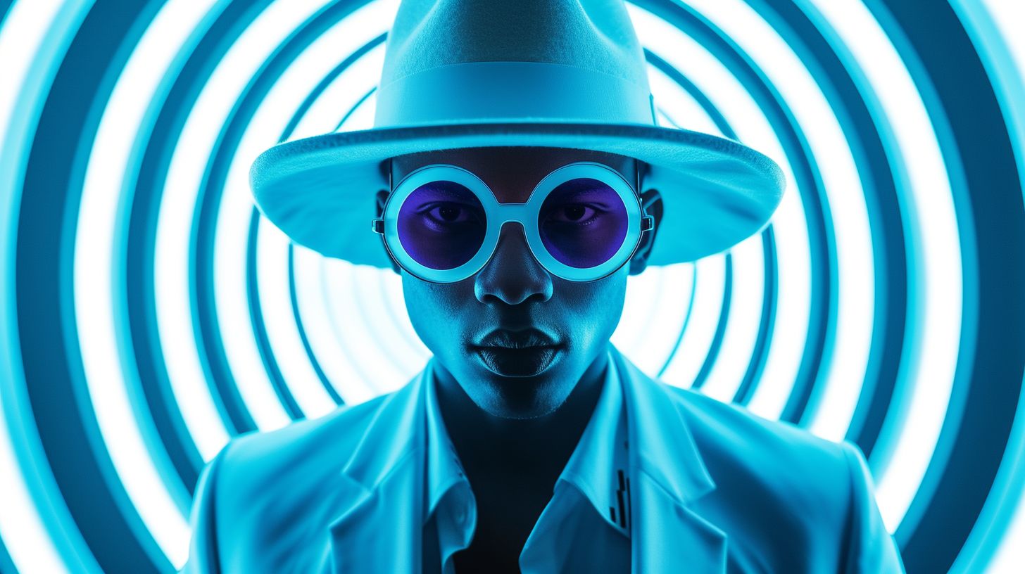 Prompt: Create an image of a person in a stylish pose, wearing a white fedora hat, round sunglasses, and a suit. The background should consist of bright neon circular light patterns giving a hypnotic, futuristic vibe. The lighting should emphasize a cool blue tone overall, casting dramatic shadows on the person's face to create a mysterious atmosphere. The composition should be from the chest up, similar to a portrait, with the person centered against the light patterns.