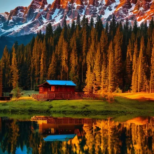 Prompt: A serene mountain landscape at sunset, with a calm lake reflecting the warm hues of the sky and a lone cabin nestled among the trees."