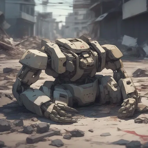 Prompt: Army robot lying on the ground destroyed and torn apart Anime artstyle 