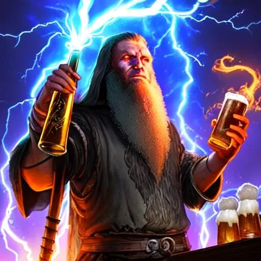 Prompt: wizard, beard, beer, lightning, fire, staff, magic, aura, alcohol, tavern