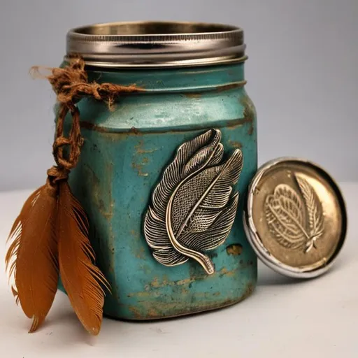 Prompt: Beer jar with ring and feather