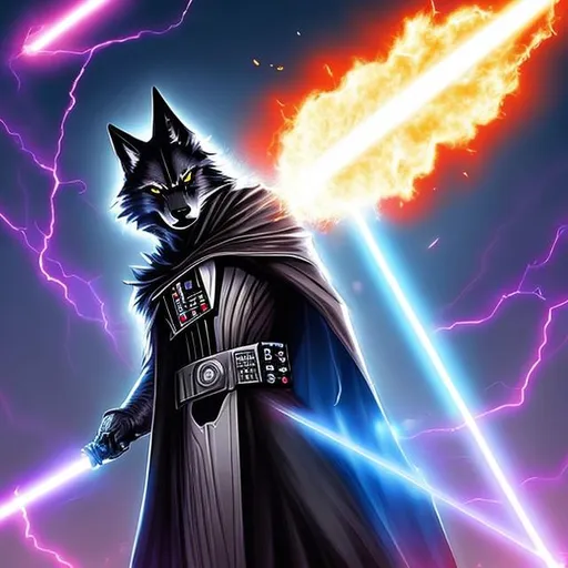 Prompt: a beautiful anthropomorphic wolf wizard man electrifying darth vader