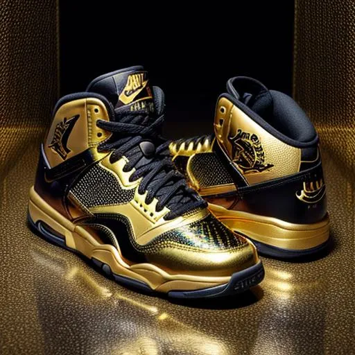 Prompt: epic promotional, professional, commercial poster of golden black Jordans 11, ultra rich vibrant colors with golden rich background, intricate details, 8k resolution , cinematic look, 300mm camera lens, extremely color graded,{{hyperrealistic}}, trending on artstation, trending on nike website. 