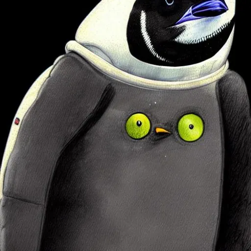 Prompt: penguin in space wearing a space suit in the style of h.r. giger , hand drawn,  large eyes, highly detailed , intricate, digital art