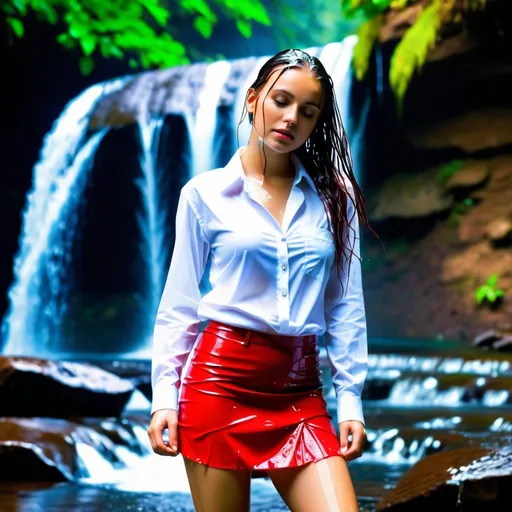 Prompt: photo of young woman, soaking wet clothes, Red mini skirt, White unbuttoned shirt,  , Standing in waterfall ,   enjoying, water dripping from clothes, clothes stuck to body,  detailed textures of the wet fabric, wet face, wet plastered hair,  wet, drenched, professional, high-quality details, full body view.