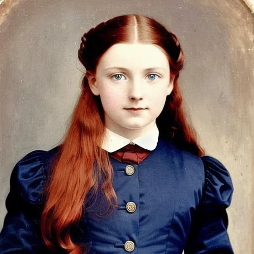 Prompt: portrait of a beautiful Victorian girl with red hair and dark blue eyes wearing a dark blue school uniform