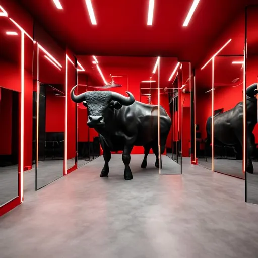 Prompt: Bull of Costitx in a red and black room with mirrors as walls
