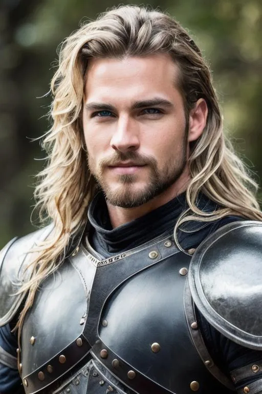 Prompt: male fantasy warrior, very handsome, rugged look, sharp gray eyes, medium musculature, dirty blonde, long wavy hair, with slight facial beard, full leather armor, very detailed eyes, UHD, 64K, sharp focus, studio photo, intricate details, highly detailed