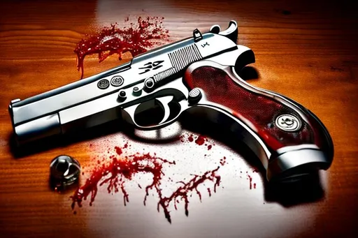 Prompt: beretta chrome pistol on wooden  table of size 18 inches X 24 inches  with large amount of running blood with some amount of thick blood plasma everywhere
