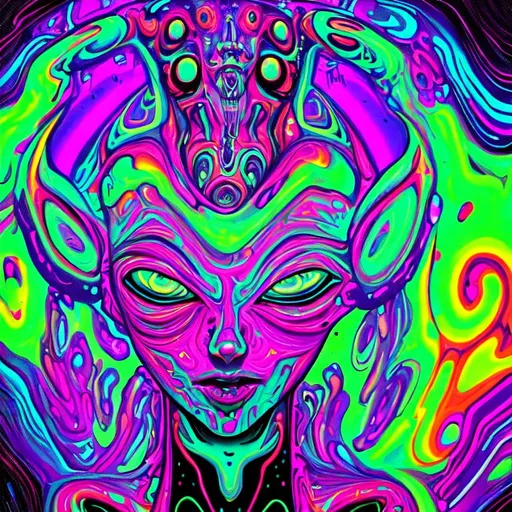 Prompt: Hypnotic illustration of a Alien, hypnotic, psychedelic art, pop surrealism, dark glow neon paint, mystical, Behance