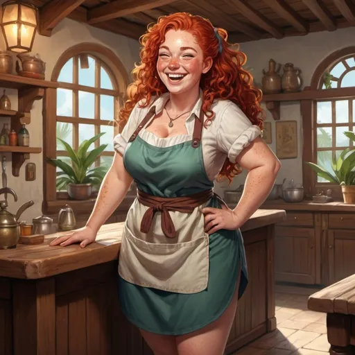 Prompt: Full body, Fantasy illustration of a female landlord, full figured, curly red hair, freckles, wearing a apron, joyfull expression, laughing, high quality, rpg-fantasy, detailed, in a tropical inn