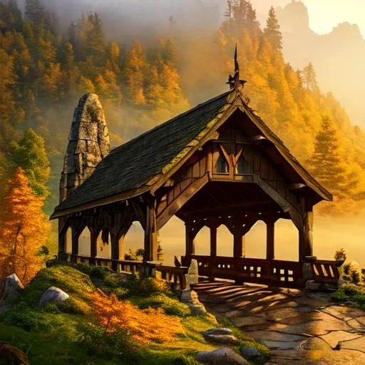 Prompt: Ancient elven city in the mountains with wooden covered bridges covered in foliage from the forest, a golden sunrise in with mist