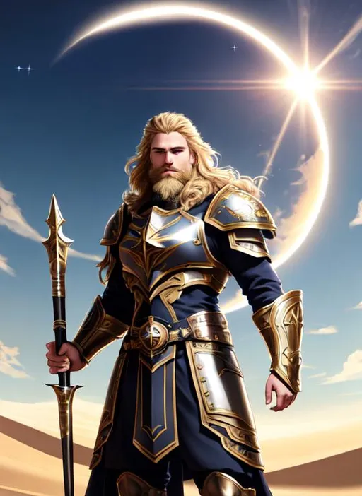 Prompt: paladin, morning star and shield, wielding morning star, beard, sandy blonde hair, intricate, full body shot, highly detailed, solar eclipse, bright lighting, visible symmetrical face, UHD, single light source, perfect composition, photo real, realistic, super detailed, 8k, high quality, sharp focus, intricate details, highly detailed, masterpiece