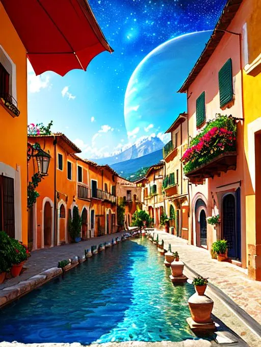 Prompt: Water colours painting, town Taormina, Italyoctane render, vivid colours, backround big planets, stars, unreal engine 5, SLR, ray tracing, 8k UktraHD, octane render