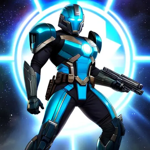 Prompt: Full body, whole figure. A marvel cinematic universe male kree officer. His skin is blue and his hairs green. He wears a nova corps helmet on his head. And wields a laser rifle. Marvel comics, Dc comics, Image comics, comics art. Well draw face, detailed. 