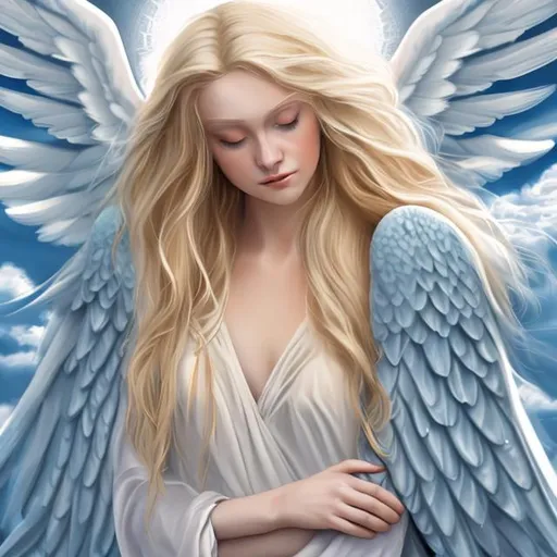Prompt: beautiful blonde long hair  female angel with blue eyes  with dove on out stretched hand






