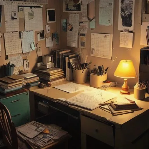 Prompt: A writer's messy office in soft lamplight