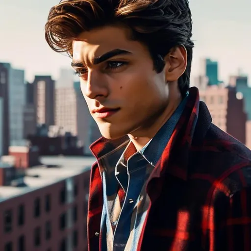 Prompt: peter parker from spiderman. brunette 25yo man, handsome, pretty. wearing a plaid button up, standing on a fire escape for an apartment in new york city. cinematic, epic, high contrast, zayn, highly detailed, plaid shirt