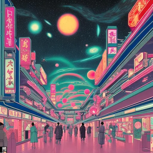 Prompt: retro mall scene, imperial japan, retrowave, neon, synthwave, vaporwave, highly detailed, galaxy sky, cosmos