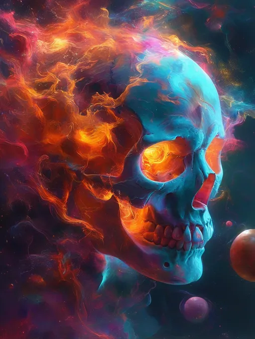 Prompt: Skull with a vibrant face, haunting eyes, and a striking nose, set against a deep background highlighted by a mesmerizing swirl. Capturing the essence of psychedelic art, this masterpiece features highly detailed digital elements and an airbrush painting style reminiscent of Alberto Seveso. 4K resolution, ultra-detailed, evoking a surreal, vibrant atmosphere.