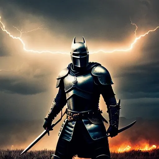 Prompt: epic, warrior ,medieval, lightning, battlefield,dark,knight,