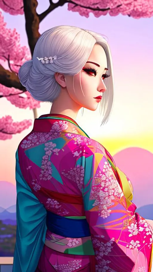 Prompt: nsfw,draw me a beautiful girl wearing a geometric kimono looking off at the sunrise. retrowave aesthetic, white hair, colorful, sakura tree, high resolution background,