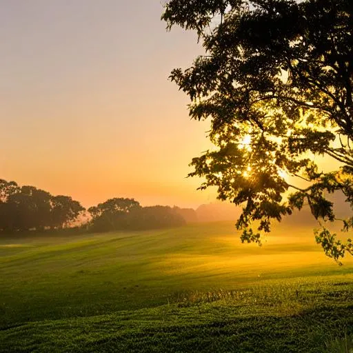 a sunrise over a green landskape | OpenArt