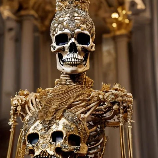 Prompt: A skeleton covered in gold and jewels, silk gown, 
