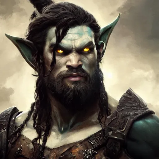 Prompt: Portrait painting of Jason Momoa as a half-orc barbarian. With grey-green skin tone and elf ears. by Greg Rutkowski and Craig Mullins, Dark atmospheric and cinematic lighting