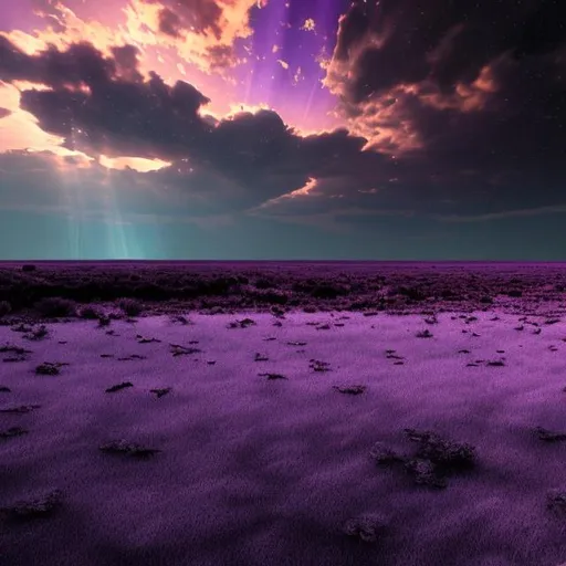 Prompt: architectural render of a desolate field at the dead of night with purple rays remnant from the susnet