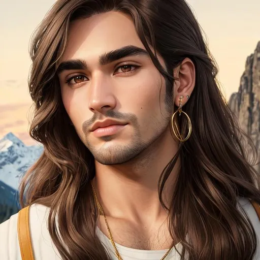 Prompt: man, brown middle part hair, medium long hair, brown eyes, thick black eyebrows, juicy lips, beautiful nose, oval face, golden earring left side ear, mountain background, detailed face portrait, realism, 4k, HD