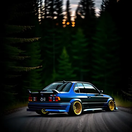 Prompt: wide body heavily modified BMW e30 m3 at illegal meet, dark and shadowy background, in the Canadian forest, 30 minutes after sunset, long depth of field.