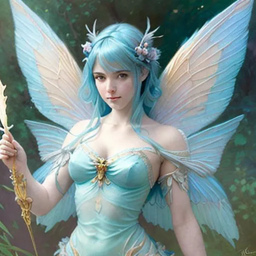 Prompt:     Magical Female Fairy,  blue wings, cyan hair, white eyes, perfect features, extremely detailed, realistic. Krenz Cushart + loish +gaston bussiere +craig mullins, j. c. leyendecker +Artgerm, oil painting texture oil painting effect Krenz Cushart + loish +gaston bussiere +craig mullins, j. c. leyendecker +Artgerm, oil painting texture.