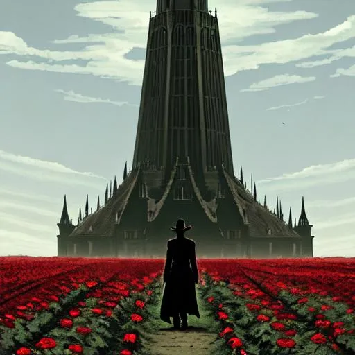 Prompt: A single very tall Dark Black Tower with a Mystic power emanating outward from the top of the Tower, it is surrounded by a sprawling field of thousands of Red Roses. In the foreground an Old West Gunslinger looks upward at the Tower in sheer astonishing amazement.