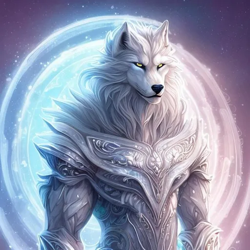 Prompt: Anthropomorphic furry character
White wolf: Majestic, elegant, regal
Holographic left arm: Mesmerizing colors, technology, futuristic
Red eyes: Intense, determined
Strong physique: Agile, graceful, powerful
Enigmatic presence: Mysterious, alluring
Moonlit forest: Ethereal, magical, serene
Pristine fur: Pure, immaculate, radiant
Serene demeanor: Calm, composed, confident
Moon's light: Illuminating, enchanting