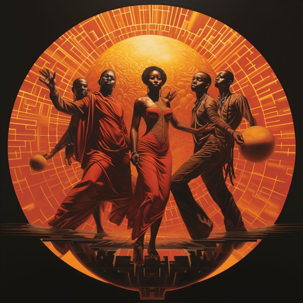 Prompt: a black and orange print of the dancers, in the style of sunrays shine upon it, thomas blackshear, mark brooks, sparkling water reflections, monochromatic masterpieces, african influence, red and amber