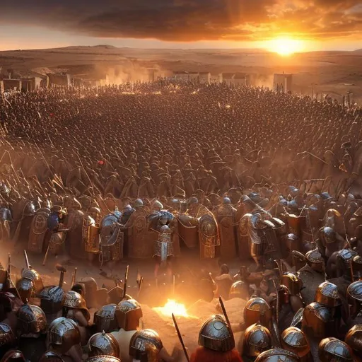 Prompt: The epic battle between egiptians and the roman empire. A lendary picture in which every one of those men are screaming and fighting. It's sunrise and the sun is reflecting from their armor

Hundred of thousands of people 

Hyper detailed, focus on the emotions of the fighters. ultra contrasted, Dynamic light